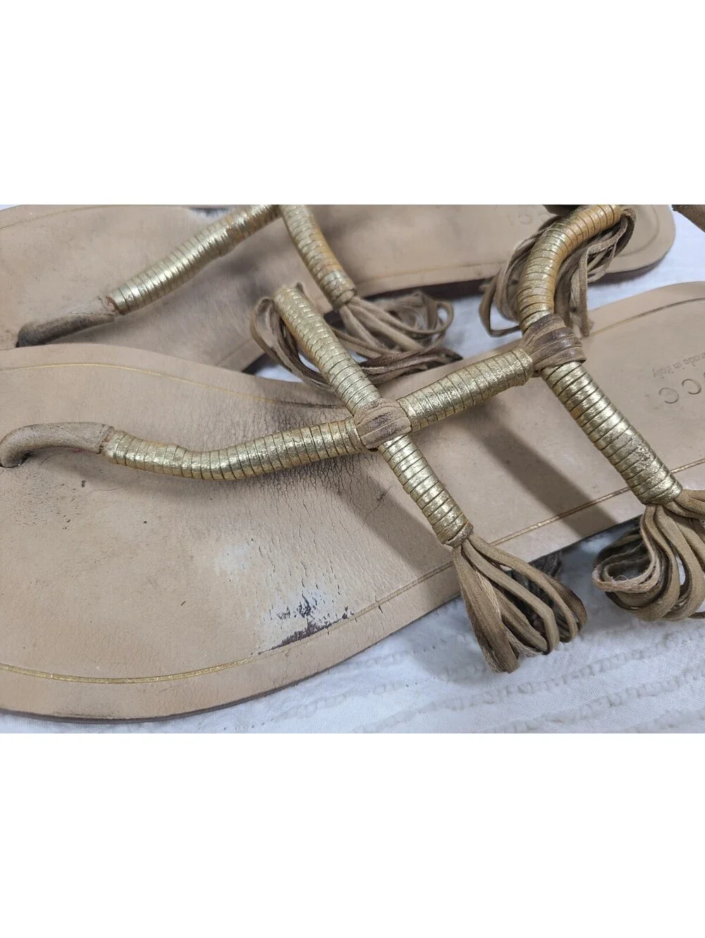 Gucci Suede Rattan Sandals Wrapped Gold Ankle Buckle 39.5 9.5 AsIs Worn